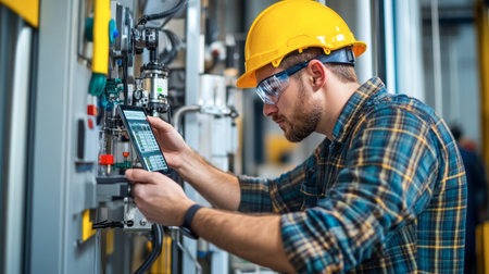 An engineer conducting a system check and calibration of a new piece of equipment.の素材