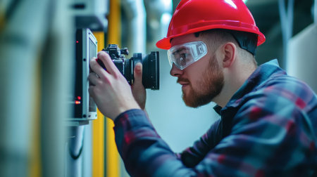 An engineer using a thermal camera to inspect electrical systems and detect faults.の素材