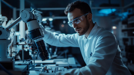An engineer in a high-tech lab working on advanced robotics and automation projects.の素材