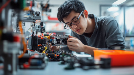 An engineer in a robotics lab assembling and programming a new robotic device.の素材