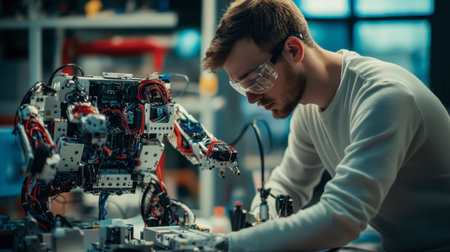 An engineer in a robotics lab assembling and programming a new robotic device.の素材