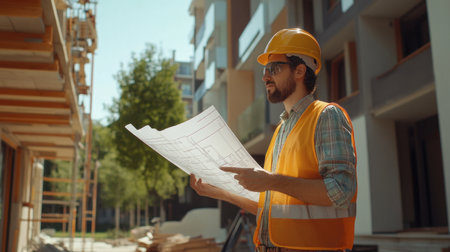 An engineer with a blueprint and measuring tools inspecting the construction of a new building.の素材