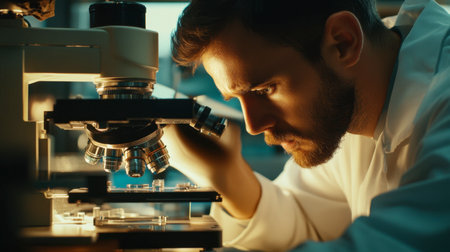 An engineer using a microscope to examine and test materials in a research lab.の素材