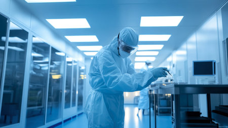 An engineer installing and calibrating equipment in a cleanroom environment.の素材