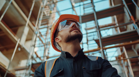 An engineer with a hard hat and safety goggles inspecting a construction site from a scaffold.の素材