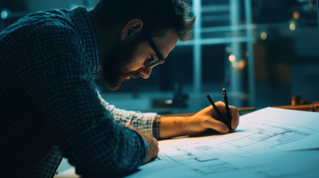 An engineer analyzing engineering drawings and making adjustments to project specifications.の素材