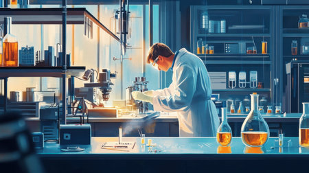 An engineer testing equipment in a lab, with various scientific instruments and safety gear visible.の素材