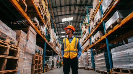 An engineer inspecting construction materials and equipment at a warehouse.の素材
