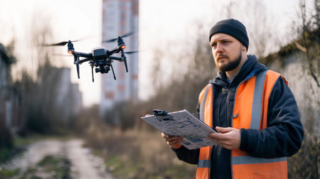 An engineer conducting a site survey with a drone and GPS equipment in an outdoor location.の素材