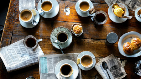An overhead shot of a breakfast table with multiple cups of coffee, plates of pastries, and a newspaper spread out.の素材