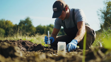 An environmental engineer working on soil and water samples at a field testing site.の素材