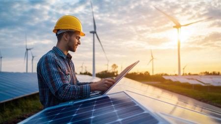 An engineer working on renewable energy systems, such as solar panels or wind turbines.の素材