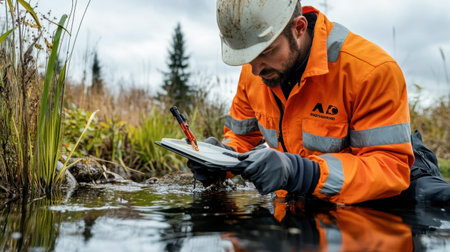 An environmental engineer assessing water quality at a testing site with scientific equipment.の素材