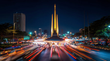 Bangkok Democracy Monument at night, lit up and surrounded by passing traffic.の素材