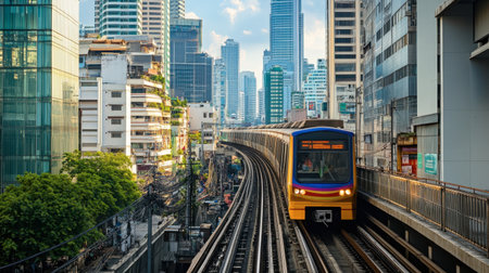 Skytrain running on elevated tracks through the commercial district of Bangkok, with modern buildings on both sides.の素材