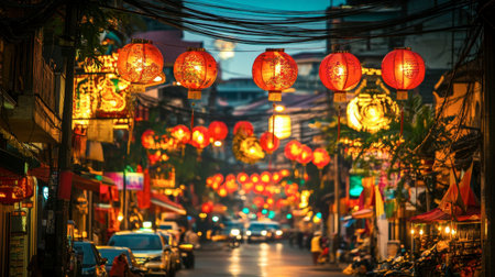 Colorful Chinatown in Bangkok during the Chinese New Year, with lanterns and festive decorations.の素材