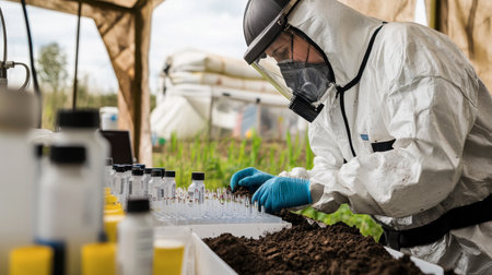 An environmental engineer analyzing soil samples in a field lab for contamination.の素材
