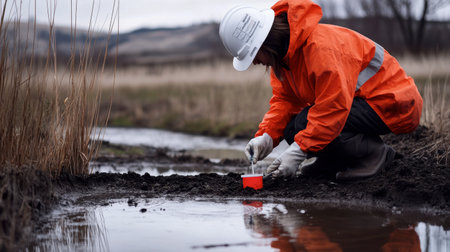 An environmental engineer working on soil and water samples at a field testing site.の素材