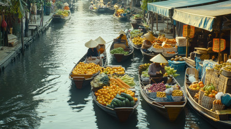 Bangkok's floating market, with small boats loaded with fruits, vegetables, and souvenirs for sale.の素材