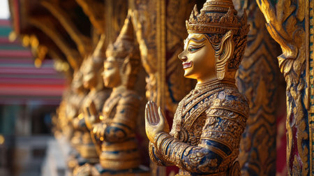 Golden statues and intricate carvings inside Wat (Marble Temple) in Bangkok.の素材