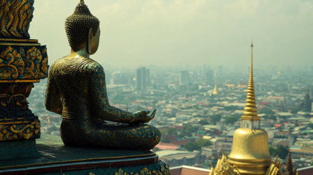 Ornate details of the Wat Saket (Golden Mount) temple in Bangkok, overlooking the city below.の素材