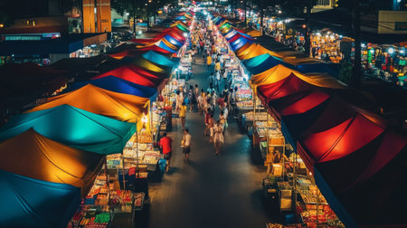Bangkok Ratchada Rot Fai Night Market, known for its colorful lights and diverse stalls.の素材