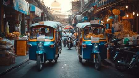 Busy streets of Bangkok with tuk-tuks, motorbikes, and street vendors selling local food.の素材