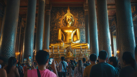 Grand Buddha statue in Wat Pho temple, Bangkok, surrounded by tourists taking photos and exploring the temple.の素材