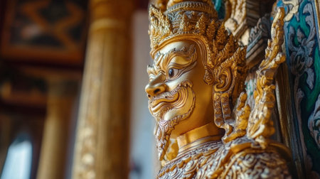 Golden statues and intricate carvings inside Wat (Marble Temple) in Bangkok.の素材