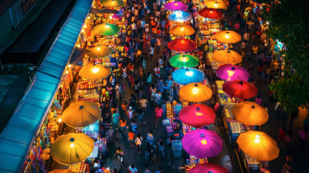 Bangkok Ratchada Rot Fai Night Market, known for its colorful lights and diverse stalls.の素材