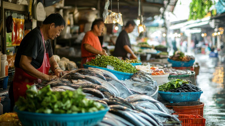 Busy morning market in Bangkok with locals buying fresh produce and fish.の素材