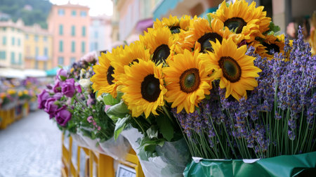 The flower market in Nice, with vibrant bouquets of sunflowers, roses, and lavender for sale.の素材