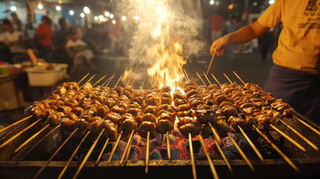 Street food vendors grilling satay skewers on charcoal grills along a busy Bangkok street.の素材