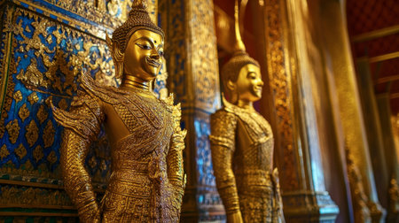 Golden statues and intricate carvings inside Wat (Marble Temple) in Bangkok.の素材