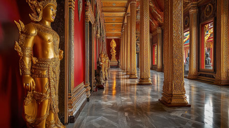 Golden statues and intricate carvings inside Wat (Marble Temple) in Bangkok.の素材