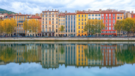 The colorful buildings along the banks of the River in Lyon, reflected in the calm water.の素材