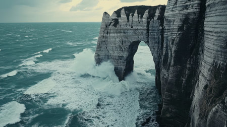 The cliffs of Normandy, with waves crashing against the natural rock arch.の素材
