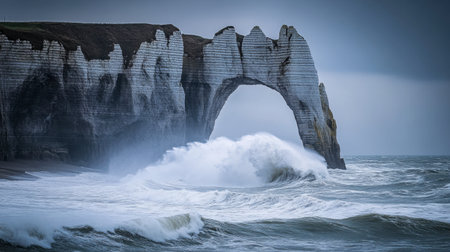 The cliffs of Normandy, with waves crashing against the natural rock arch.の素材