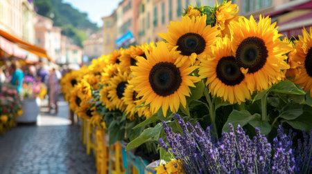 The flower market in Nice, with vibrant bouquets of sunflowers, roses, and lavender for sale.の素材