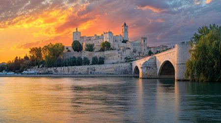 The historic town of Avignon, with the Palais des and the Bridge.の素材