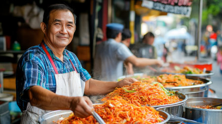 Street vendors selling spicy papaya salad ( tam) at a Bangkok food stall.の素材