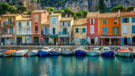 The picturesque fishing village of Cassis, with colorful houses and boats docked in the harbor.の素材