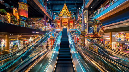 The interior of Bangkok's Terminal 21 shopping mall, with its international-themed decor and escalators.の素材