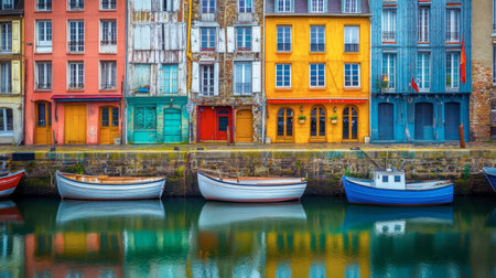 The colorful houses of the port city of in Normandy, with boats docked along the harbor.の素材