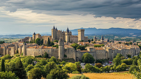 The medieval town of Carcassonne, with its fortified walls and towers.の素材