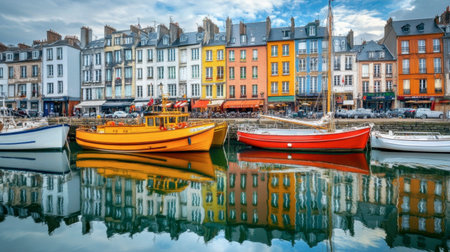 The colorful houses of the port city of in Normandy, with boats docked along the harbor.の素材