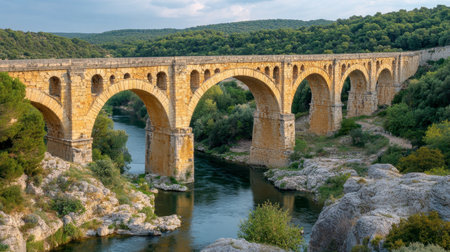 The Pont du Gard, a Roman aqueduct bridge in the South of France, spanning over the river.の素材