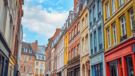 The historic streets of Lille, with Flemish architecture and colorful facades.の素材