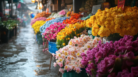 Vibrant Bangkok Flower Market, with rows of colorful flowers and fragrant blooms on display.の素材
