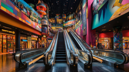 The interior of Bangkok's Terminal 21 shopping mall, with its international-themed decor and escalators.の素材